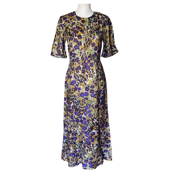 J.McLaughlin Silk Blend Midi Dress Size 0 Purple Floral Abstract Short Sleeve - Picture 2 of 9